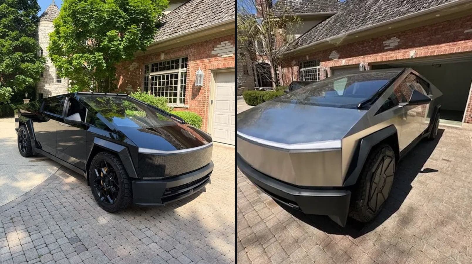 Tesla Cybertruck AWD màu đen và Cyberbeast thép không gỉ đứng cạnh nhau