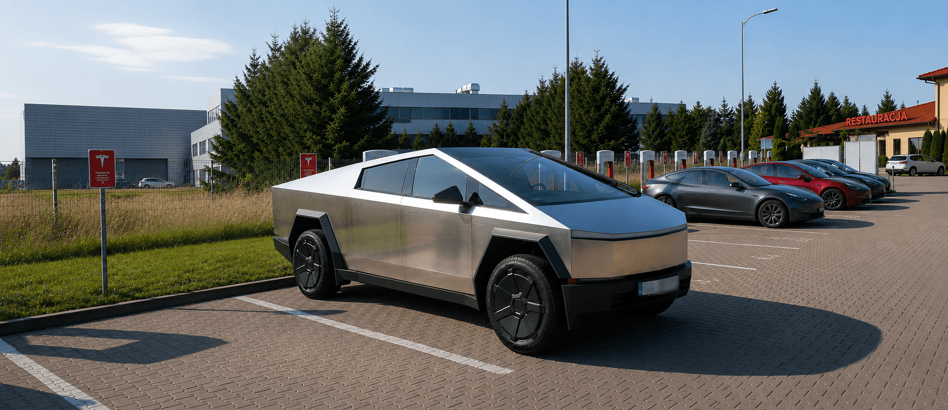 Tesla Cybertruck plugged into a Tesla Supercharger in Poland